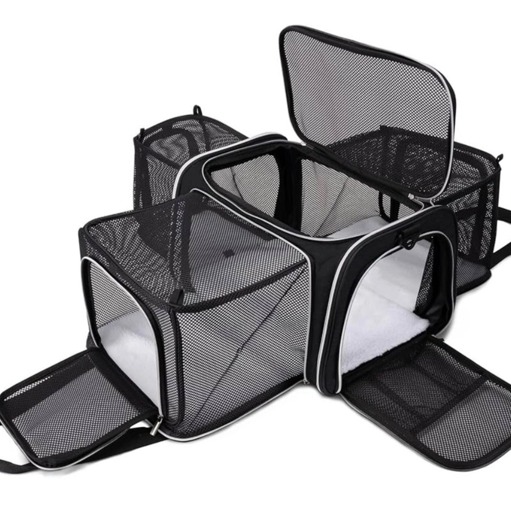 Black Foldable Mesh Cat Carrier Travel Bag with Multiple Openings
